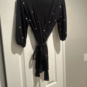Halogen Black Wrap Blouse with White Polka Dots